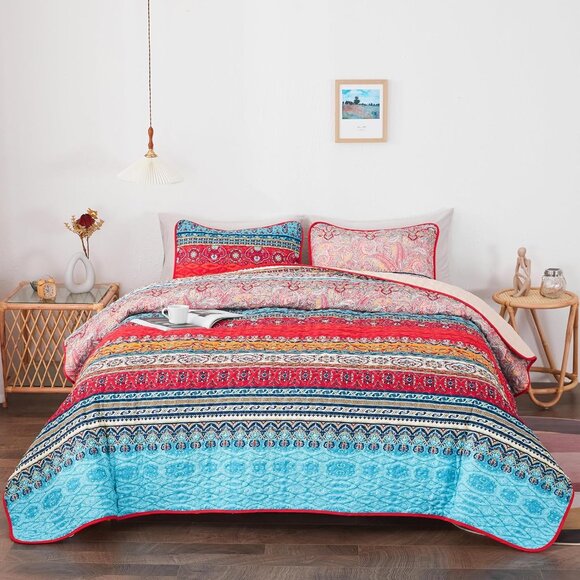 New Colourful Reversible Bohemian 3 PC Bedding Quilt Set • KING Size - Picture 2 of 7